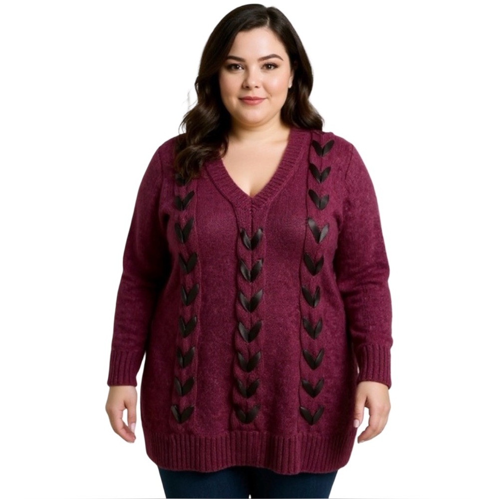 Lane Bryant Burgundy Lace-Up Ribbon Sweater – Plus Size 26/28 Coquette